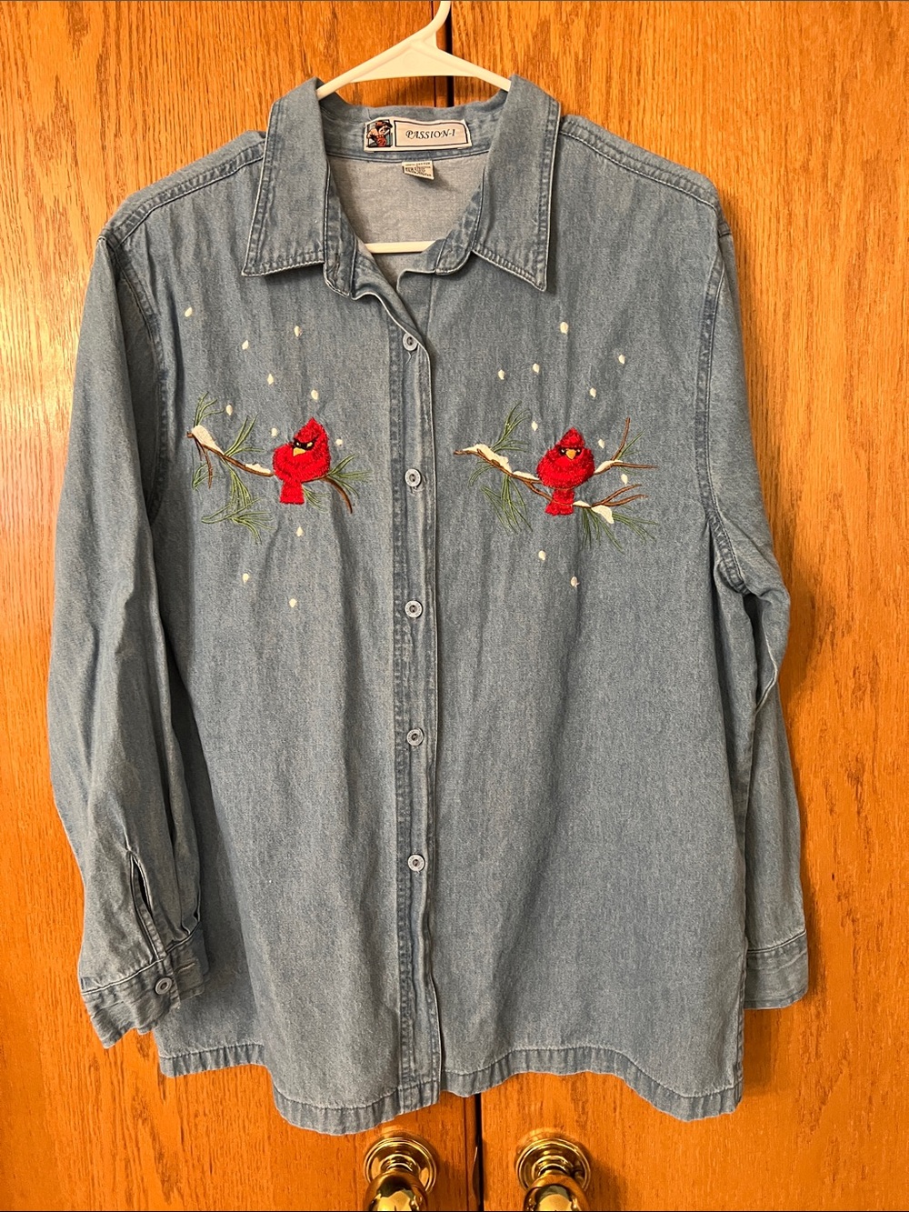 Light Blue Denim Button-Down Shirt with Red Cardinal Embroidery